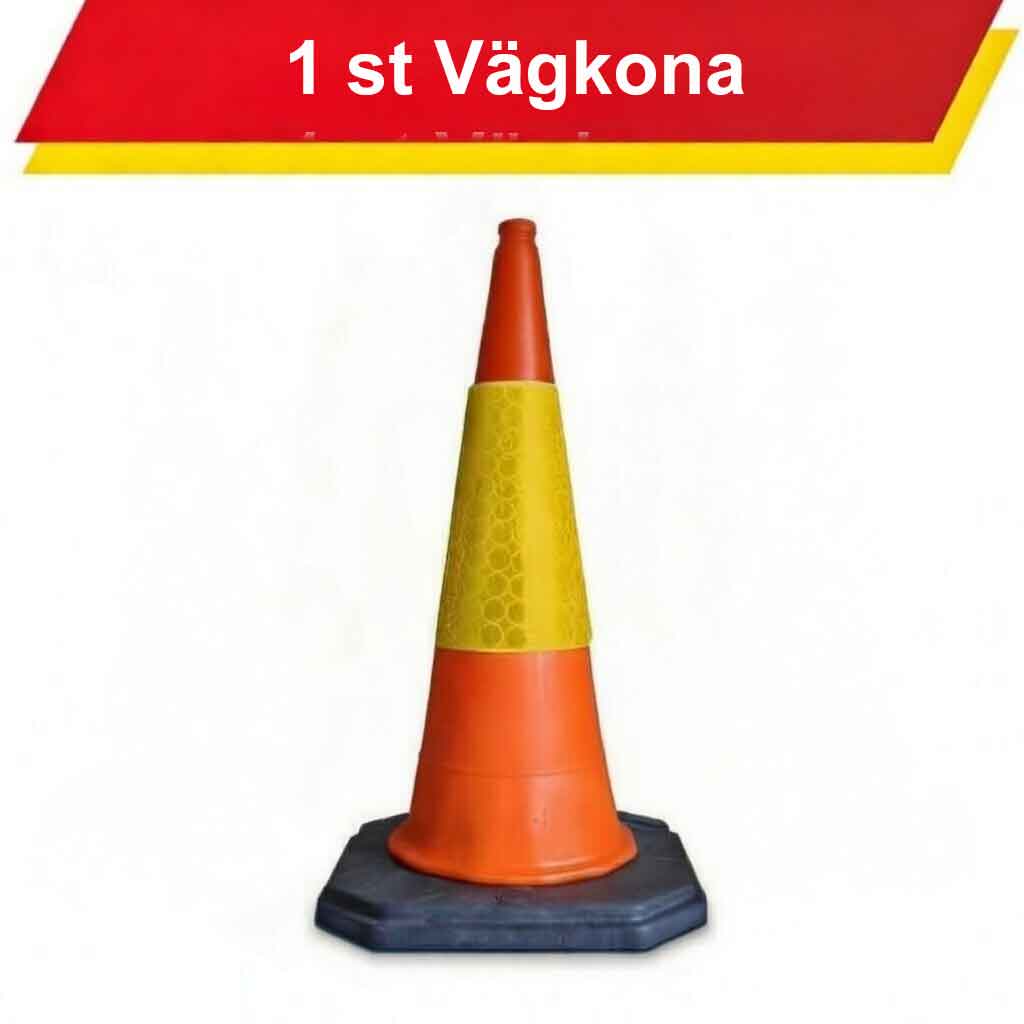 En orange vägkona med reflexband och stabil svart fot för tydlig trafikmarkering och ökad säkerhet.