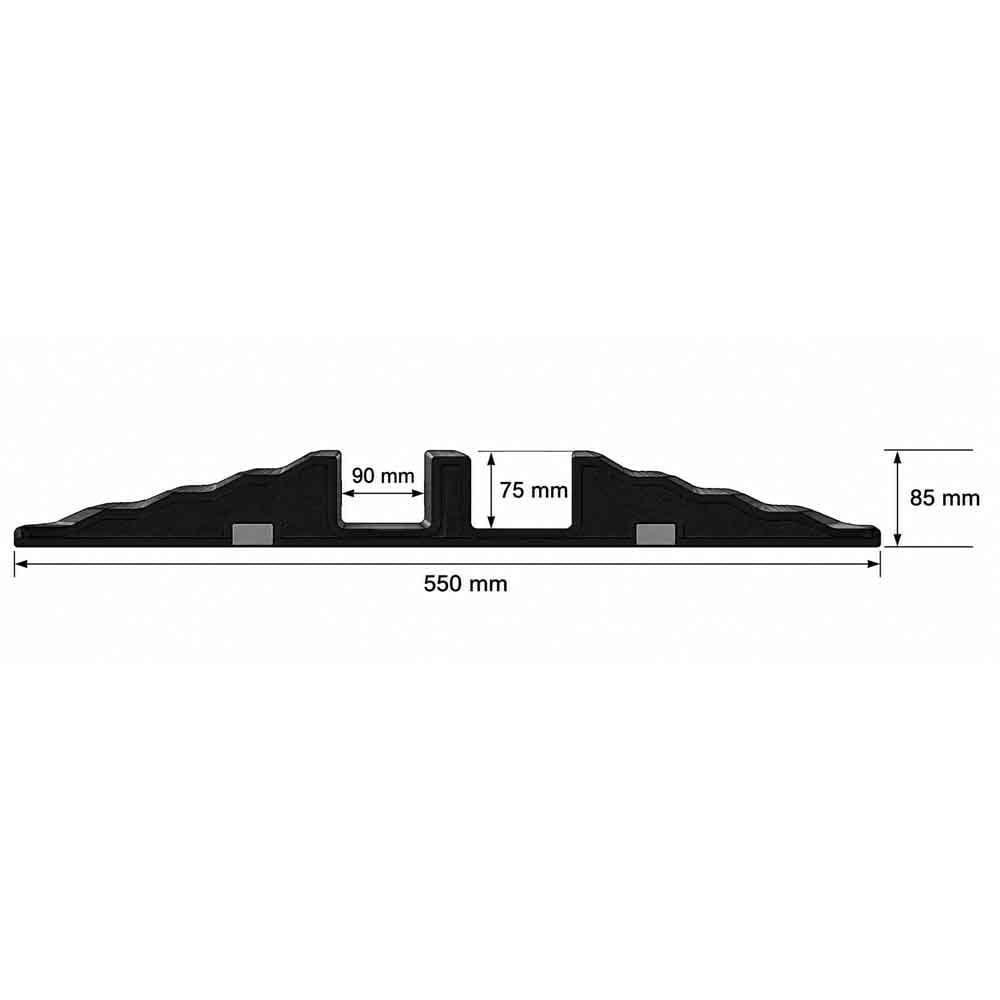 Slangbrygga i gummi med kabelkanal 90 mm, kanalhöjd 75 mm, total bredd 550 mm och höjd 85 mm.