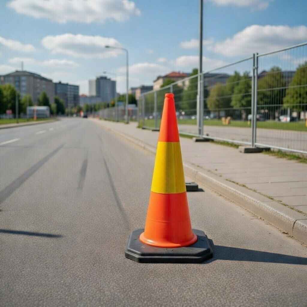 Orange vägkona med reflexband placerad på väg för tydlig avspärrning och ökad trafiksäkerhet.