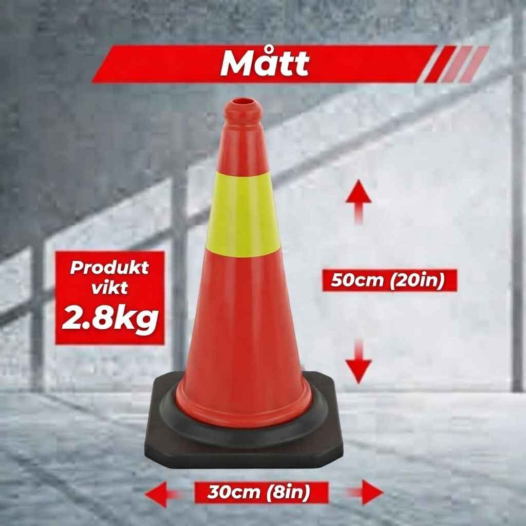 Orange trafikkona med reflexband och svart bas, 50 cm hög och 30 cm bred, vikt 2,8 kg.
