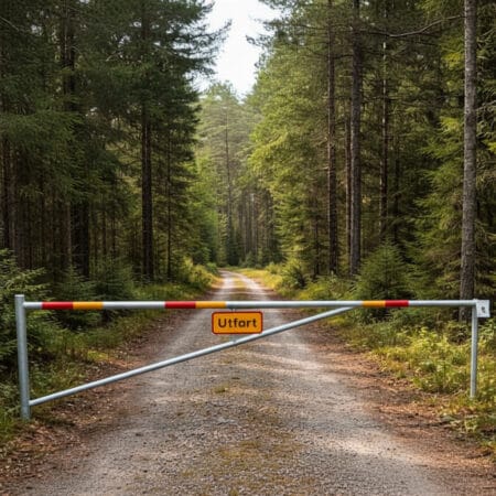 Vägbom monterad på grusväg i skogsmiljö för att begränsa trafik och skydda vägar