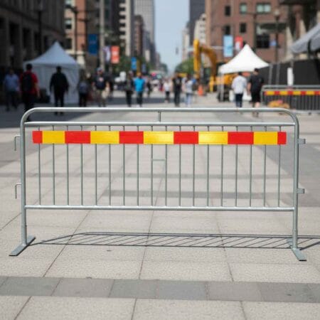 Kravallstaket med rödgula reflexer som spärrar av gata vid evenemang i stadsmiljö