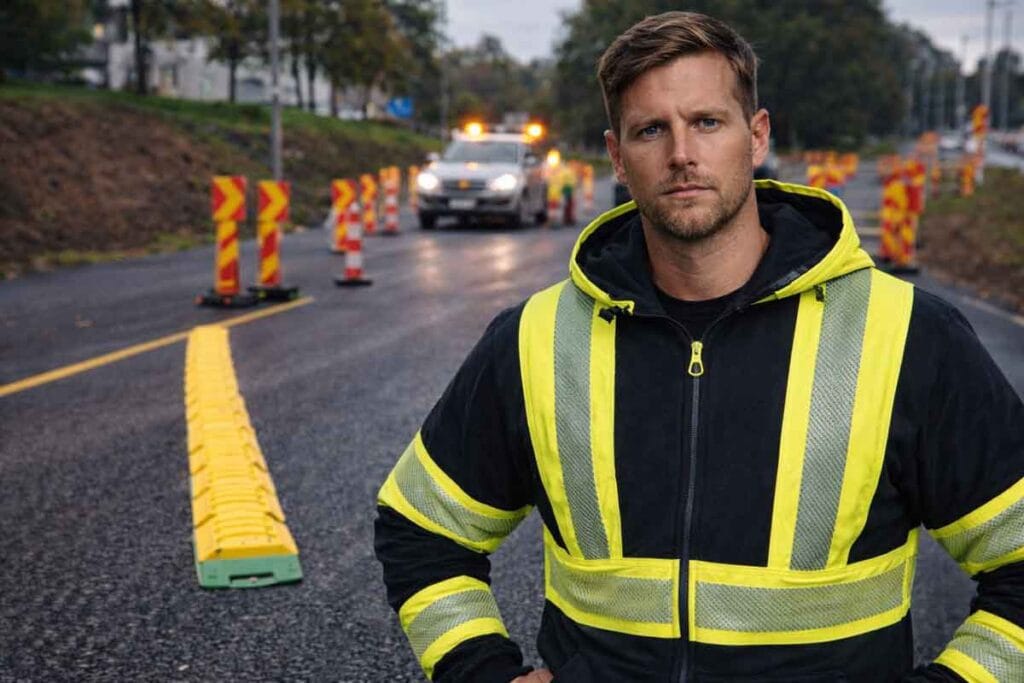 Allvarlig vägarbetare i varselkläder står vid vägarbete med farthinder på asfalten och tydlig trafikavstängning i bakgrunden.