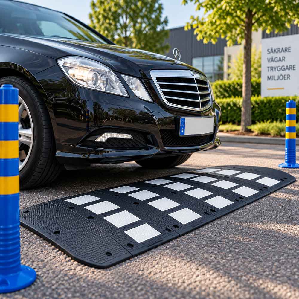 Grindsö farthinder i svart gummi med vita reflexer framför bil i trafikmiljö
