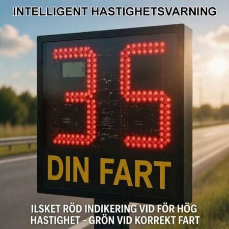 Digital hastighetsdisplay som visar hastighet i rött med texten Din Fart och budskap om röd varning vid hög hastighet och grön vid rätt fart.