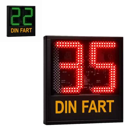 DIN FART hastighetsdisplay med grön och röd LED-visning som visar olika hastigheter beroende på fart