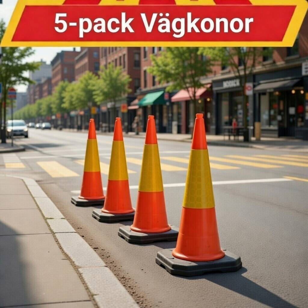 Fem vägkonor med reflexband står uppradade längs en stadsgata för tydlig avspärrning och ökad trafiksäkerhet.