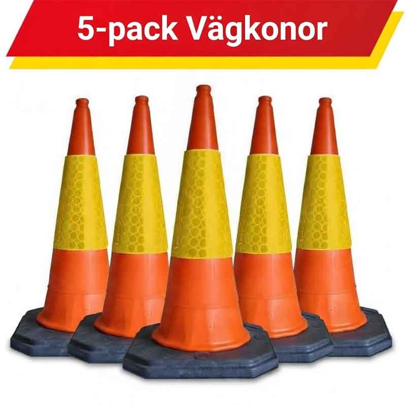 Fem orange vägkonor med reflexband placerade i rad på vit bakgrund – säljs som 5-pack för tydlig och säker trafikmarkering.