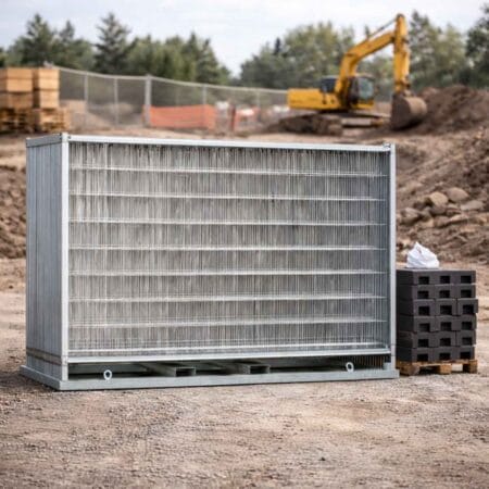 Byggstängsel kit med galvaniserade stängselpaneler och betongfötter på byggarbetsplats med grävmaskin i bakgrunden