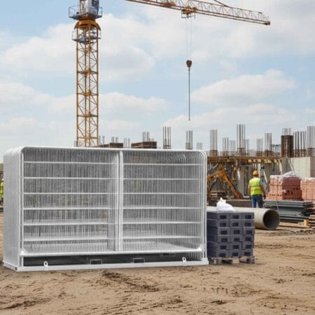 Byggstängsel med rundade hörn och stabil bas – perfekt för byggstaket och arbetsgrindar