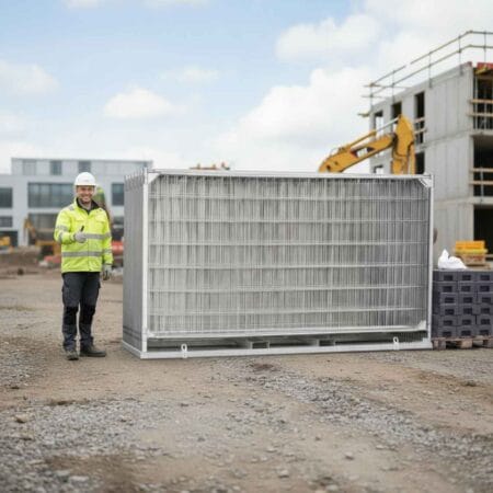 Förstärkt byggstaket med stabil konstruktion på byggarbetsplats.