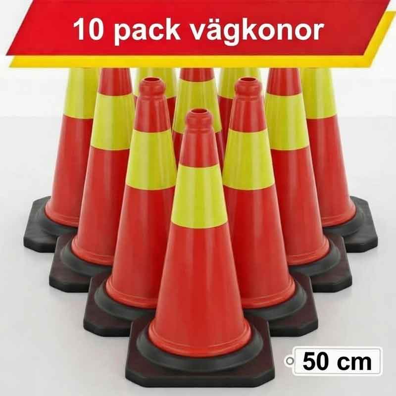 Trafikkona Tio orange vägkonor med reflexband och svart fot uppställda tillsammans, 50 cm höga för tydlig trafikmarkering.
