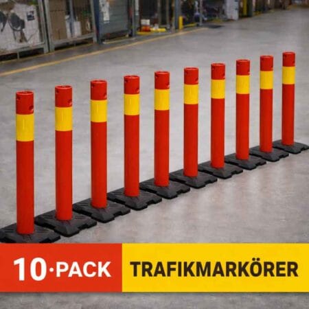 10 trafikmarkörer uppställda i rad med svart fot och röd stolpe med gul reflex, markerade som 10-pack.