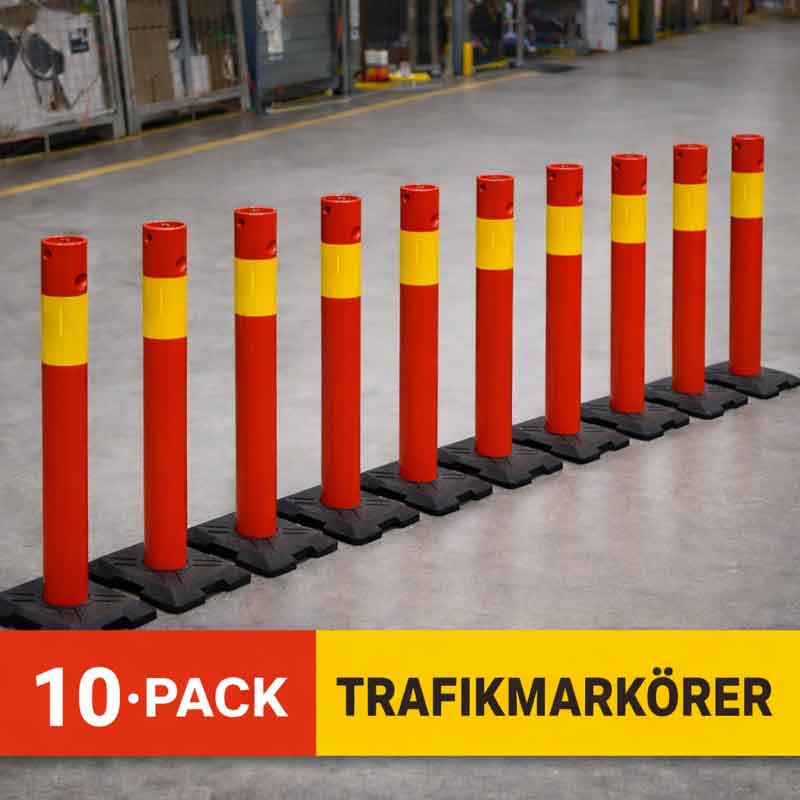 10 trafikmarkörer uppställda i rad med svart fot och röd stolpe med gul reflex, markerade som 10-pack.