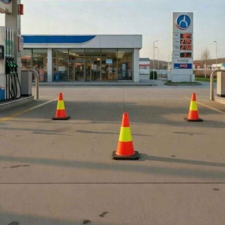 Vägkon 50 cm med reflexband i orange färg för tydlig trafikmarkering. Tre orange vägkonor med reflexband placerade på marken vid en bensinstation för att markera avspärrning och styra trafik