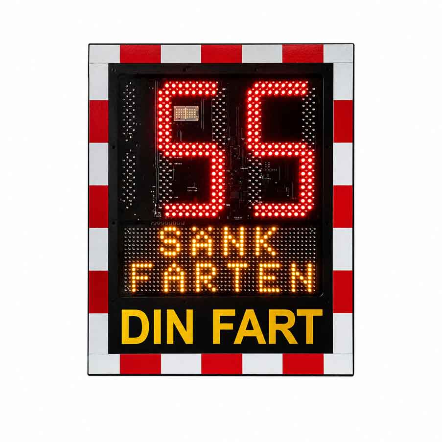 Hastighetsdisplay LUX med röd/vit reflexram, digital hastighetsvisning 55 km/h och varierat budskap “Sänk farten”