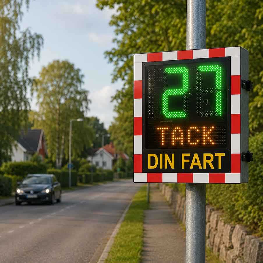 Hastighetsdisplay LUX monterad på 60 mm stolpe med röd/vit reflexram, grön hastighetsvisning 27 km/h och budskapet “Tack”