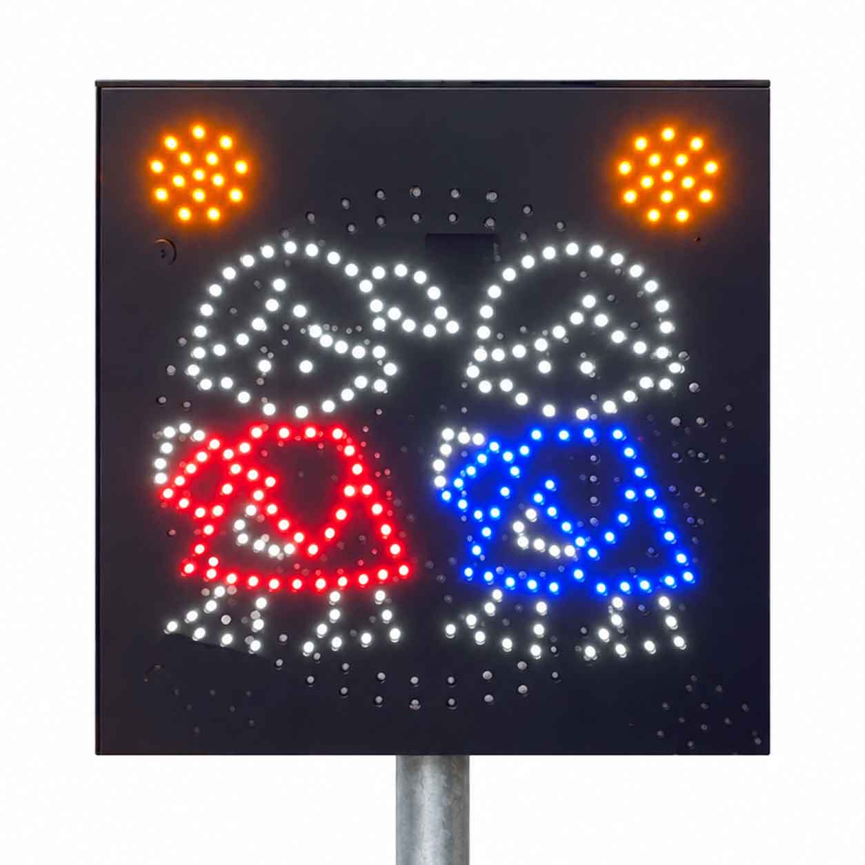LED-skylt med lekande barn i rött och blått, monterad på galvaniserad stolpe för ökad trafiksäkerhet.