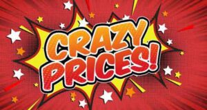 Kampanjbild med texten 'Crazy Prices', som annonserar stora rabatter på vägbommar, farthinder och hastighetsdisplayer.