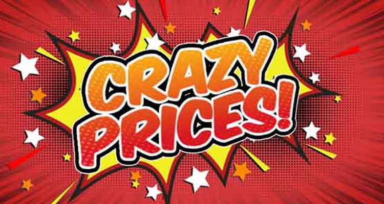 Kampanjbild med texten 'Crazy Prices', som annonserar stora rabatter på vägbommar, farthinder och hastighetsdisplayer.