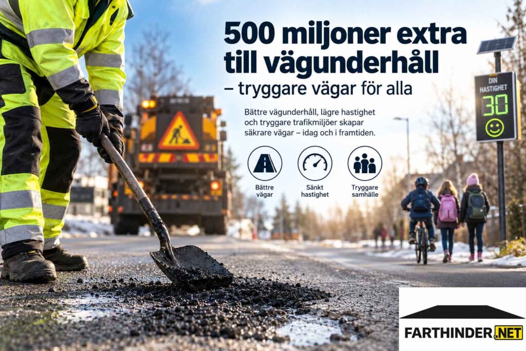 Vägarbetare lagar väg medan barn rör sig längs vägen och en hastighetsdisplay visar 30 km/h.