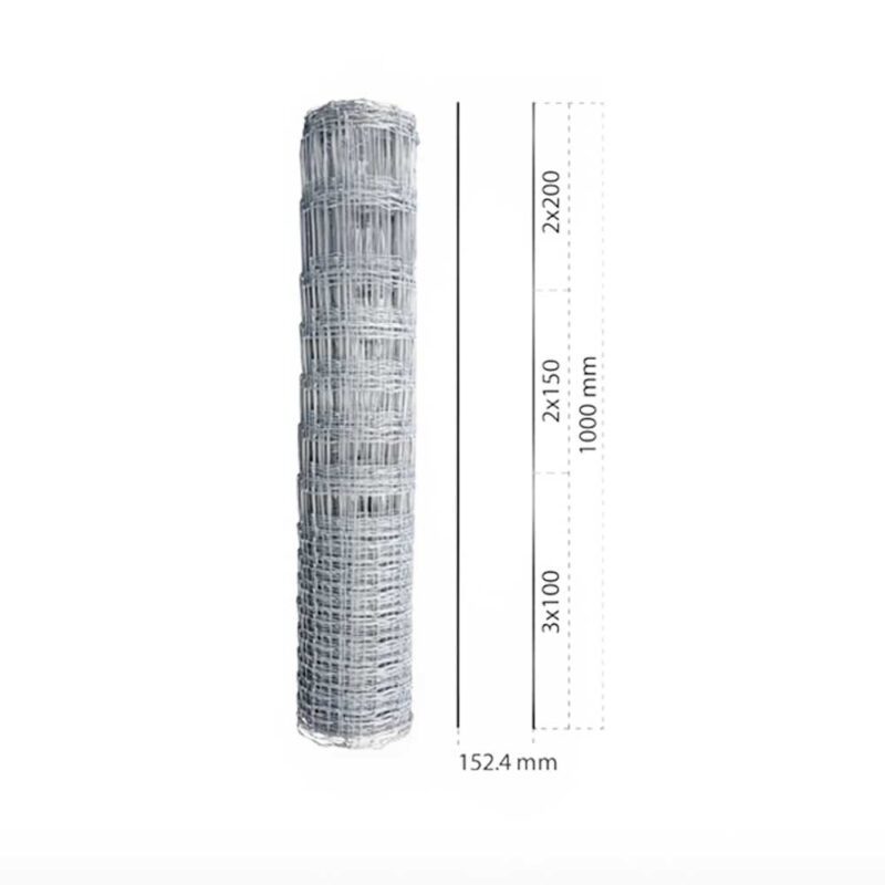Viltstängsel kit 50 meter höjd 150 cm med 17 trästolpar, redo för installation.