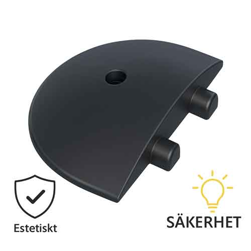 Svart halvrunt ändavslut till farthinder TIGRA med infästningsdelar, markerat med ikoner för estetik och säkerhet.