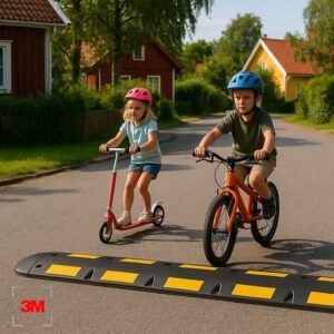 Två barn cyklar och åker sparkcykel på en lugn svensk bostadsgata med röda och gula trähus. De passerar ett svartgult farthinder med reflexer som sänker hastigheten.