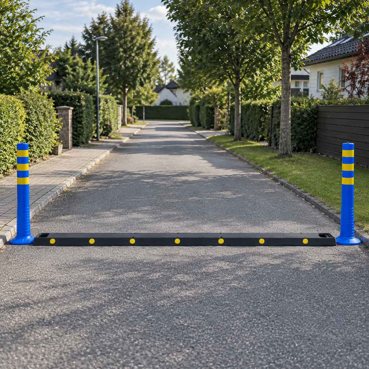 Portabelt svart farthinder med gula reflexer och blågula markeringsstolpar på bostadsgata.