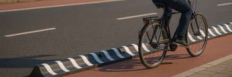 Cykelavgränsare som skiljer cykelbana från biltrafik för ökad trygghet i stadsmiljö.