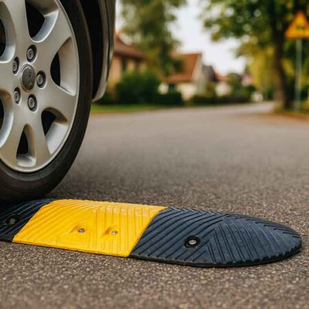 Bil kör sakta över gult och svart farthinder på en lugn svensk villagata i dagsljus.