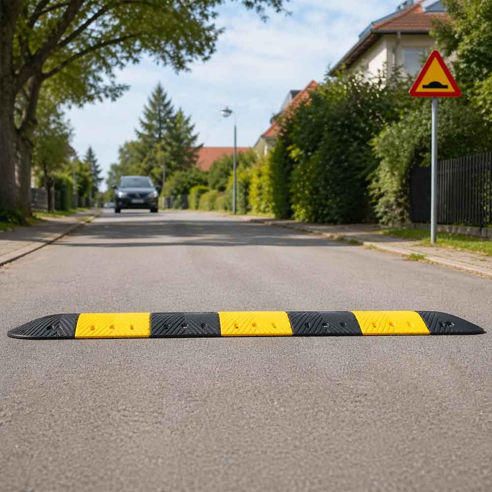 Farthinder i svart och gult monterat på villagata i Sverige med varningsskylt