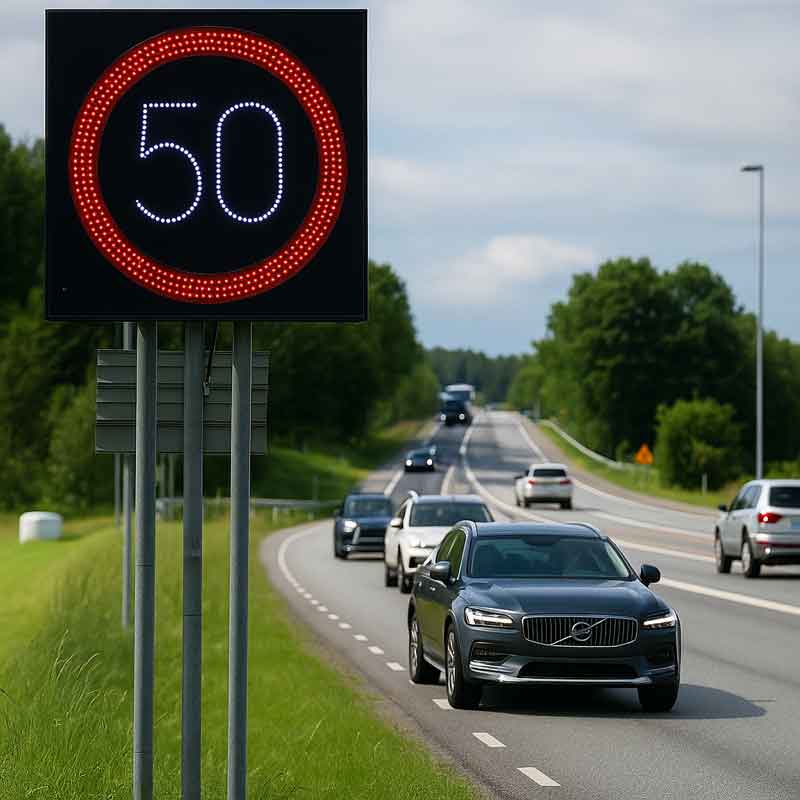 Variabel meddelandeskylt som visar 50 km/h med röd LED-ring längs svensk landsväg, modern trafikmiljö och personbilar i rörelse