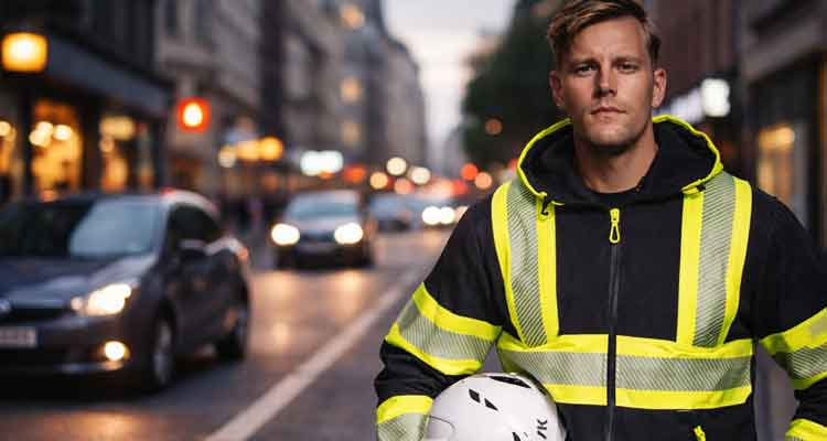 Man i reflexväst i stadsmiljö som övervakar trafiken – symbol för trafiksäkerhet, synlighet och trygghet i urbana miljöer