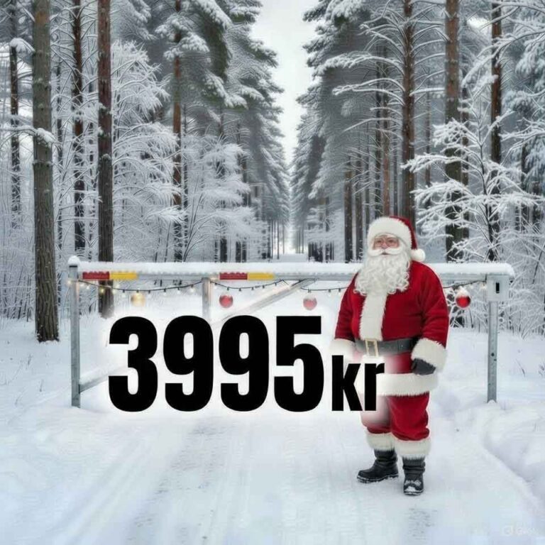 Vägbom i vintermiljö med tomte som visar kampanjpris 3 995 kr för säker avstängning av väg