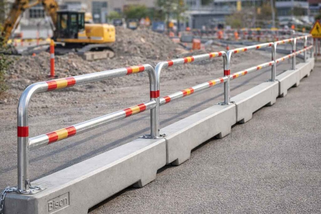 TA-balkar i galvaniserat stål placerade i rad som skapar en trygg avspärrning på byggarbetsplats med maskiner och varningsskyltar i bakgrunden.
