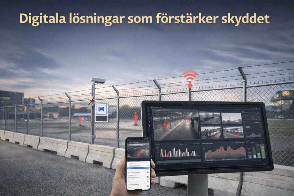 Inhägnat område med stängsel, kamerabevakning och digitala skärmar som visar flöden och aktivitetsdata för ökad säkerhet och kontroll.