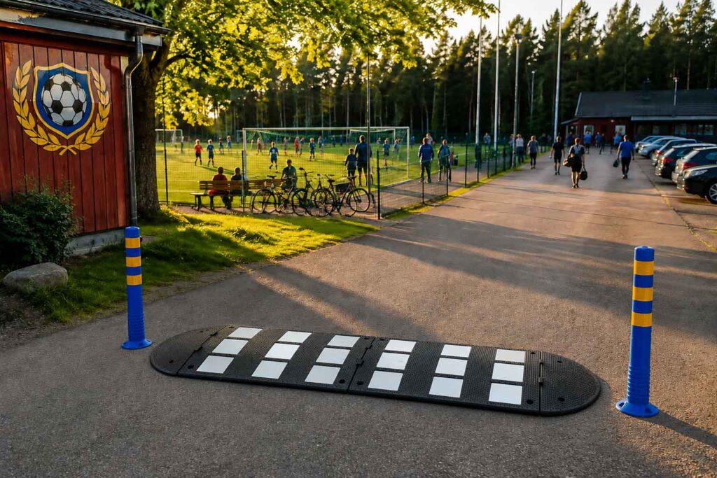 Farthinder vid idrottsförening som sänker hastigheten och skapar en tryggare miljö för barn och ungdomar.