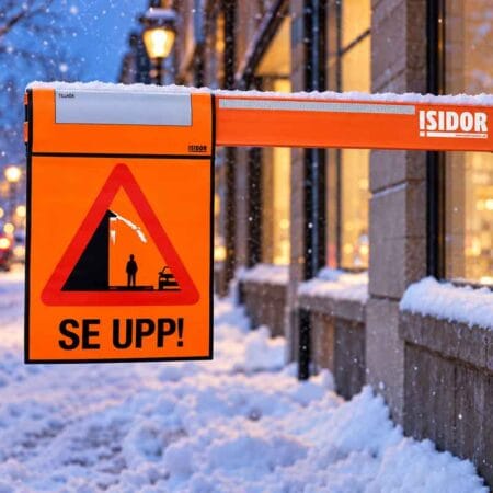 ISIDOR varningsflagga med orange bom och reflex monterad på stolpe längs snötäckt gata i vintermiljö.