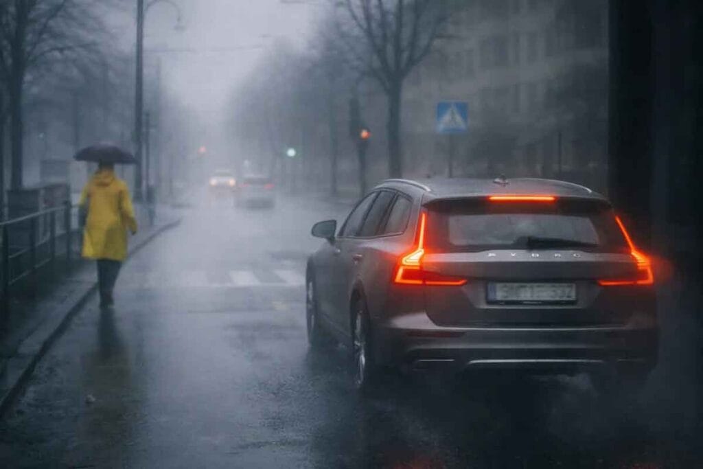 Bil med tända bakljus kör på regnig gata i Göteborg med begränsad sikt – viktigt för trafiksäkerheten vid dimma och regn.