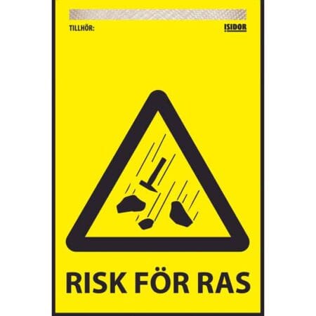 Varningsflagga med texten Risk för ras som varnar för snöras och isras från tak