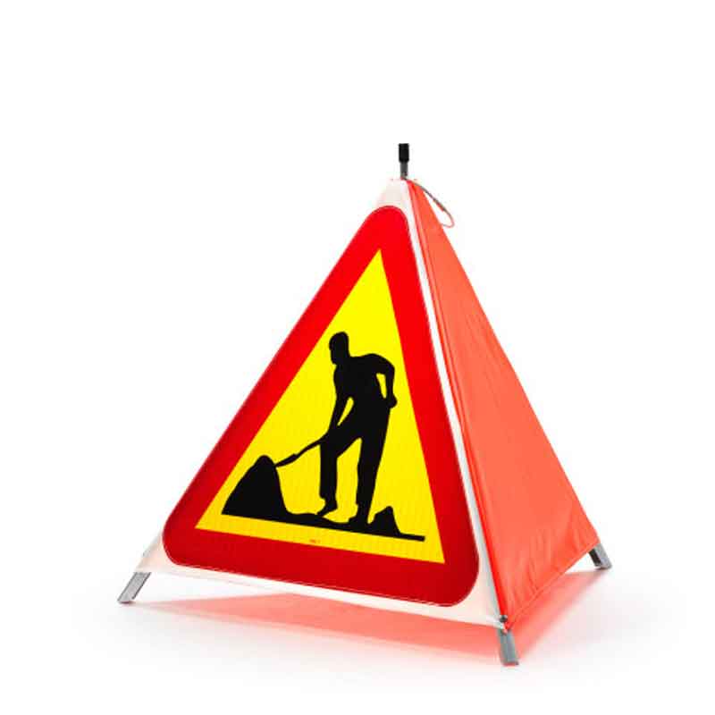 Portabelt varningstält med A20 vägarbete-symbol, reflexyta och stabil metallställning för tydlig och säker trafikvarning.