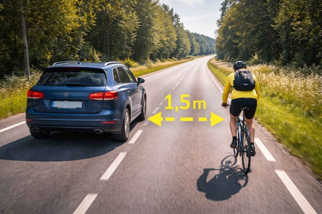 Bil kör om cyklist på landsväg med markerat säkerhetsavstånd på 1,5 meter mellan fordon och cykel.