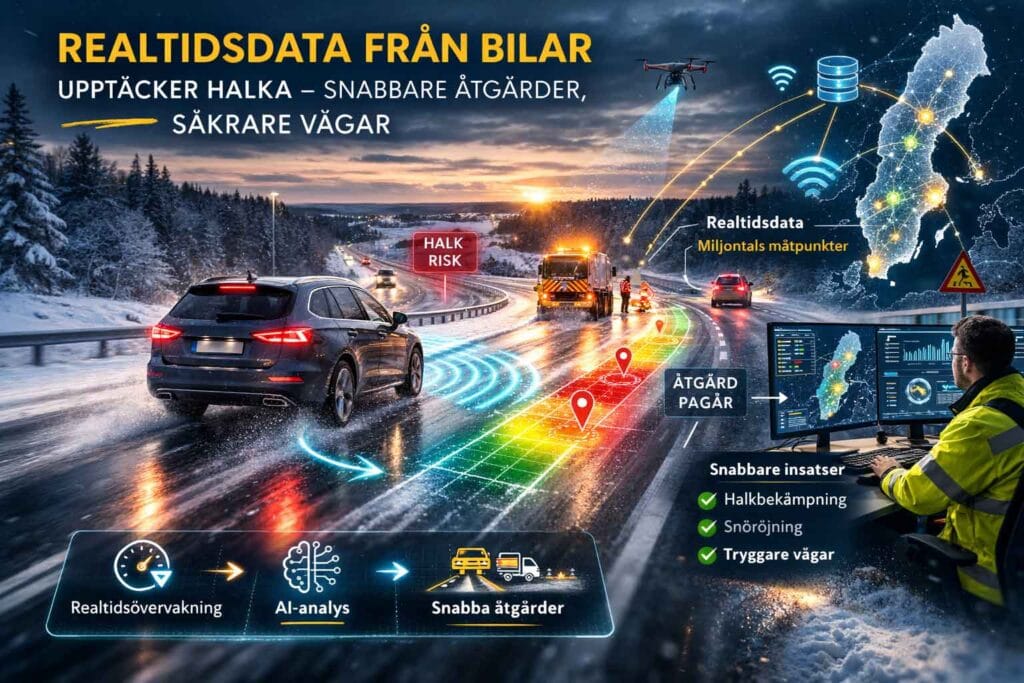 Vinterväg i Sverige där en personbil kör på hal vägbana medan digital grafik visar realtidsdata och friktionsmätning. Trafikledningscentral övervakar halkrisk och sätter in åtgärder som halkbekämpning och snöröjning.