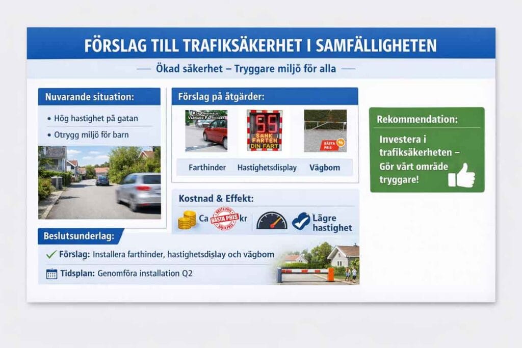 Beslutsunderlag för samfällighet som visar förslag på farthinder, hastighetsdisplay och vägbom för att sänka hastigheten och öka tryggheten i bostadsområdet.