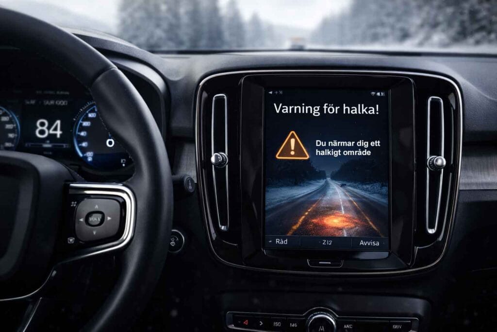 Interiör av Volvo med digital instrumentpanel som visar halkvarning på infotainmentskärmen. Varningssymbol och text indikerar upptäckt halka på vinterväg framför bilen.