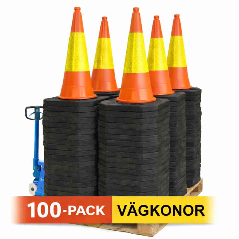 Vägkonspaket med 100-pack vägkonor på pall med reflexband och stapelbara gummifötter för trafiksäker avspärrning