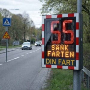 Digital hastighetsdisplay som visar 56 km/h och uppmanar bilister att sänka farten på svensk landsväg