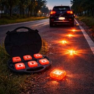 LED varningspuckar placerade på väg bakom bil för att varna trafik i mörker