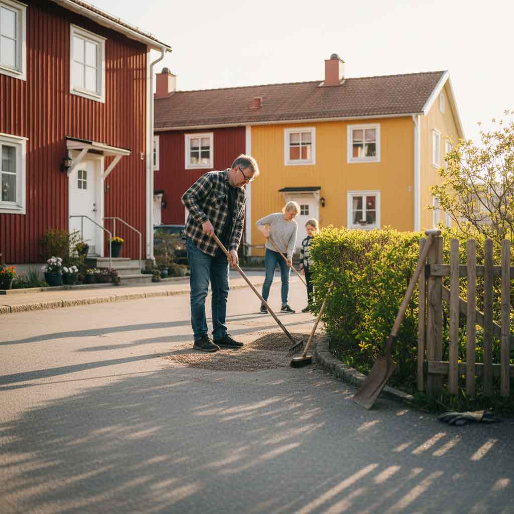 Städdag i samfällighet där grannar sopar vägen i bostadsområde och arbetar tillsammans för en trygg och välskött miljö.